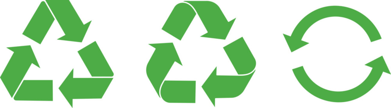 Three green recycling symbols and circular arrows on white background reuse