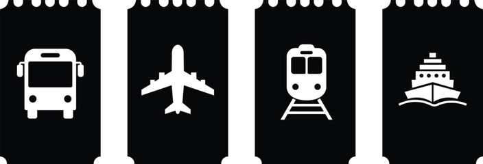 White icons of bus airplane train and ship on black tickets vector