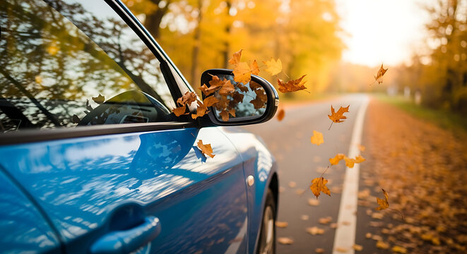 Falling autumn leaves beside a blue car on a scenic road during autumn
