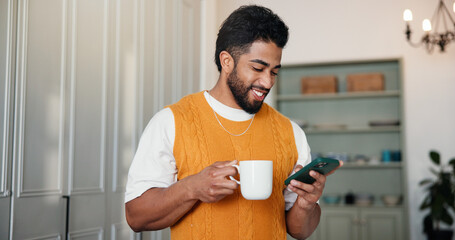 Coffee, phone and happy man in home for online notification, message update or morning news. Mobile, tea and person with drink in apartment, reading text or chat for communication on social media
