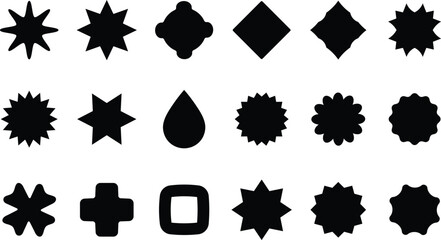 Collection of Black Geometric Shapes and Starbursts on White Background vector