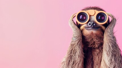 Obraz premium A sloth wearing oversized glasses poses against a pink background. The sloth has a furry brown coat and a playful expression, showcasing its unique features.