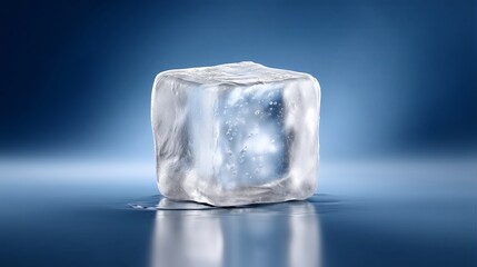 Perfect smooth blue-white ice block with trapped air bubbles on reflective surface, fresh concept