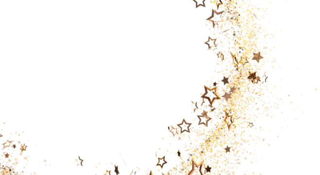 Elegant golden stars and glitter arranged against a clean white backdrop, perfect for adding a touch of sparkle to your designs. Ideal for festi