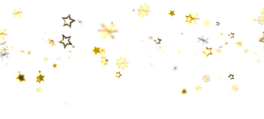 Abstract image of falling golden stars and snowflakes on a white background. Perfect for holiday themes, decorations, and festive designs.