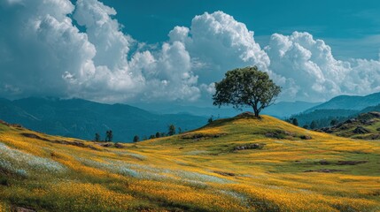 Lush green hillside with lone tree and wildflowers under bright blue sky with fluffy clouds and distant mountains