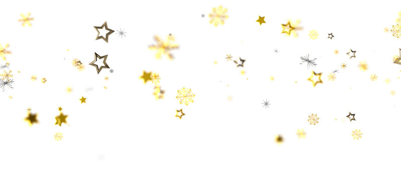 Abstract image of falling golden stars and snowflakes on a white background. Perfect for holiday themes, decorations, and festive designs. - Powered by Adobe