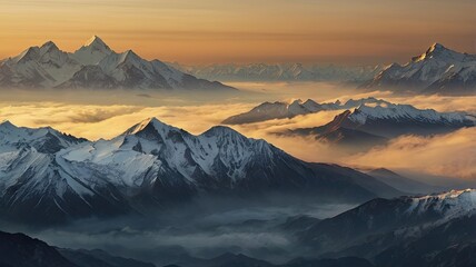 Majestic snow-capped mountain peaks pierce through golden clouds at sunrise, creating a breathtaking, serene vista of natural grandeur and awe-inspiring beauty.