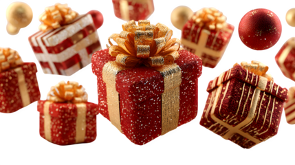 Festive flying red and gold gifts with ribbons and decorations, perfect for Christmas or birthday celebration theme isolated on white background