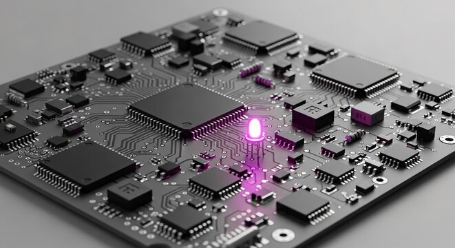 Close-up of a sophisticated printed circuit board showcasing various microchips and a vibrant glowing LED, representing cutting-edge technology and digital innovation