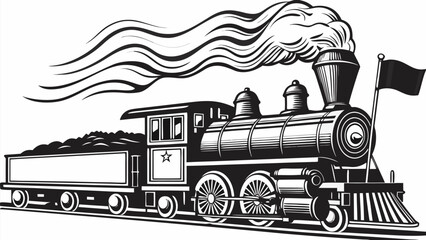 Bold vintage steam locomotive chugs forward with powerful plume of smoke against white