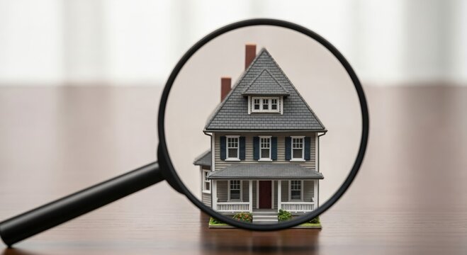 Magnifying Glass Focus on Model Home for Real Estate Investment and Property Sale