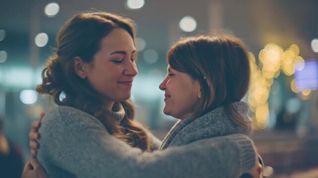 A tender, close-up embrace between two individuals shows deep emotion and connection. Soft, blurred background lights create a warm, intimate atmosphere and bokeh effect, enhancing the serene mood. Th