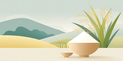 An illustration of a bowl of rice in the mountains and fields, a traditional Chinese food theme.