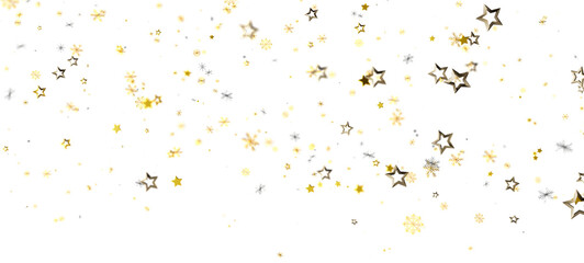 Festive background with golden stars and snowflakes against white. Ideal for holiday or celebratory designs, adding a touch of elegance and joy.