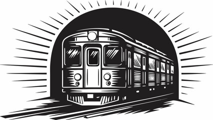 Dynamic subway train emerges from illuminated tunnel on tracks, speed, motion, urban transport concept