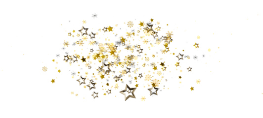 Festive gold and silver star and snowflake confetti on a white background, perfect for holiday celebrations and celebratory designs. Ideal for b