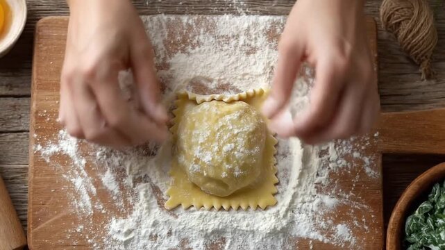 A top-down view captures hands meticulously folding and sealing fresh pasta dough on a rustic wooden surface dusted with flour. The golden-yellow dough, with its distinct crimped edge, encases a gener
