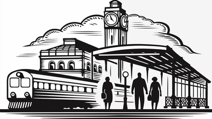 Vintage train station scene with people and clock tower evokes travel nostalgia and urban journeys.