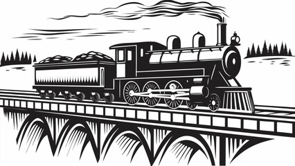 Vintage steam train chugging across a scenic bridge carrying cargo through a forest landscape