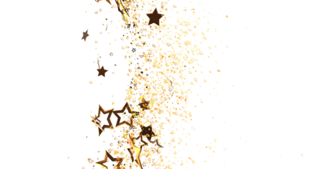 Elegant gold star confetti floating on a white background, ideal for holiday cards, party invitations, and festive designs. Use it to bring joy