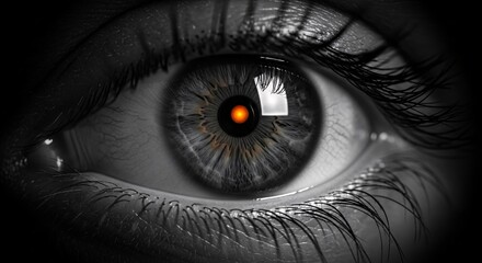 An evocative close-up of a human eye with a luminous orange digital core, symbolizing advanced artificial intelligence, future technological integration, and the concept of a vigilant, all-seeing gaze
