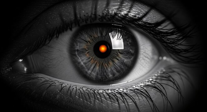 An evocative close-up of a human eye with a luminous orange digital core, symbolizing advanced artificial intelligence, future technological integration, and the concept of a vigilant, all-seeing gaze