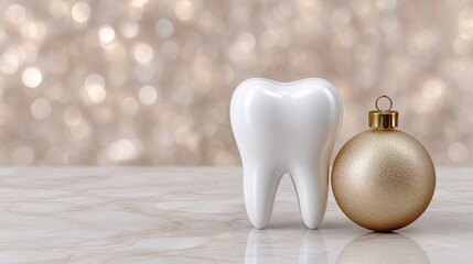 Smooth white tooth beside golden Christmas ornament on glossy marble, elegant warm lighting