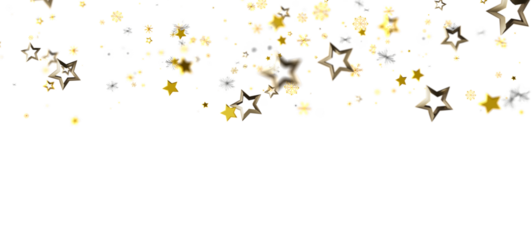 Elegant image of gold stars falling with snowflakes on a white background. Perfect for holidays, celebrations, and joyful designs. Evokes feelin