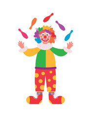 A cheerful clown juggles several pins on an isolated white background