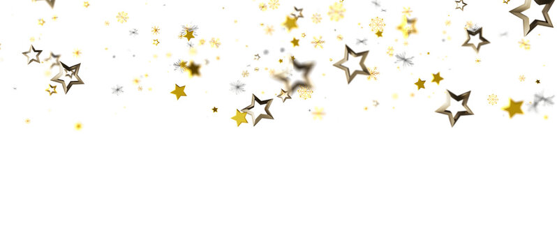 Elegant image of gold stars falling with snowflakes on a white background. Perfect for holidays, celebrations, and joyful designs. Evokes feelin - Powered by Adobe