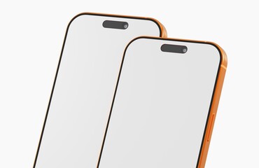 Two smartphones side by side with blank screens and gold edges, perfect for tech and communication designs.