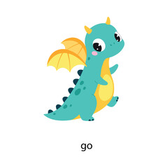 Prepositions with Cute Dragon Character Going Vector Illustration