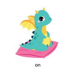 Prepositions with Cute Dragon Character Sit on Pillow Vector Illustration