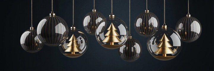 Dark blue and gold Christmas ornaments on deep blue background.