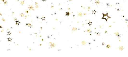 Abstract background of falling golden stars and snowflakes on white. Perfect for Christmas, New Year, celebration and festive designs.