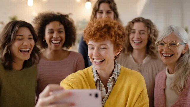 A vibrant and diverse group of women, spanning various ages and ethnicities, are captured in a heartwarming moment of pure joy and camaraderie. Their faces are alight with genuine laughter and bright 