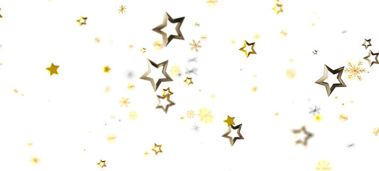 Festive abstract background featuring golden stars and snowflakes in a light, bright, and joyful confetti design against a white backdrop. Perfe