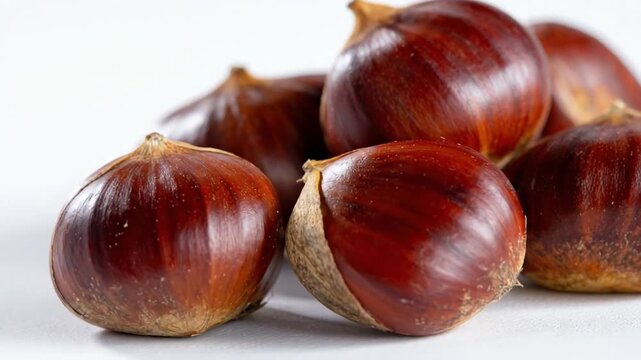 A vibrant close-up captures a pile of raw, unpeeled chestnuts resting against a clean, bright white background. The rich, earthy brown hues and subtle glossy sheen of their shells are prominently feat