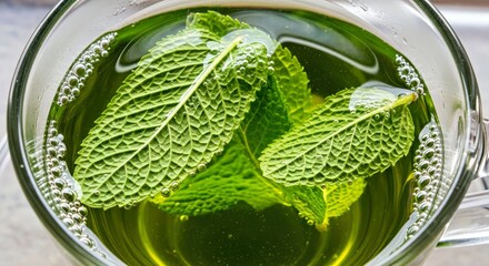Obraz premium Fresh Mint Leaves Floating in a Sparkling Green Beverage Close Up Refreshing Drink
