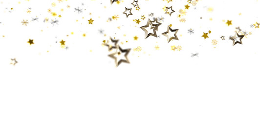 Festive golden stars and confetti on a white background, perfect for Christmas, New Year, or any celebration. Ideal for holiday designs and seas