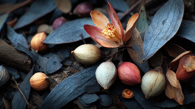 Scattered cracked seed pods and fallen gray leaves on dark ground, autumn season, close-up of forest floor detail, realistic high-quality design stock - Powered by Adobe