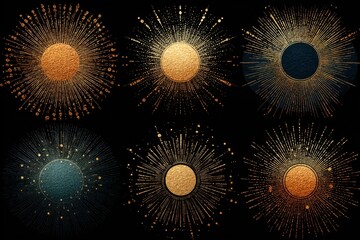 Golden Sunburst Designs Against a Dark Background Featuring Various Sun Ray Styles for Logotypes and Lettering, a Vintage Collection