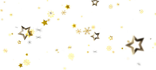 Elegant golden stars and snowflakes floating on white background, perfect for holiday designs, Christmas cards, festive events and celebrations.