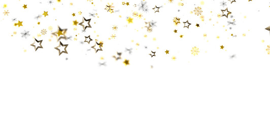 Elegant abstract background with golden stars and silver snowflakes on white, perfect for Christmas, New Year and party invitations, decorations