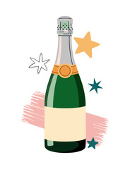 Whimsical flat vector illustration of a green champagne bottle with silver foil, cream label, and decorative doodle stars and brushstroke accents, festive and elegant