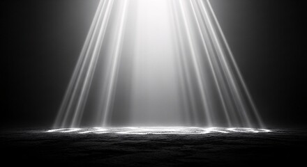 Striking bright light beams illuminate a smoky, dark void, creating a dramatic and ethereal atmosphere. Perfect for abstract backgrounds, conceptual themes, or digital stage designs