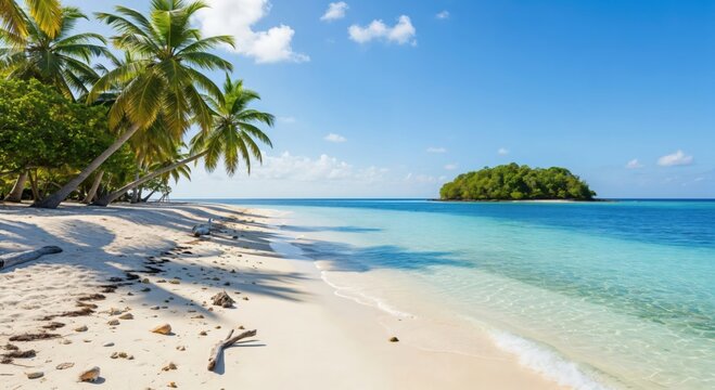 Idyllic tropical beach with swaying palm trees, white sand, and crystal clear turquoise ocean leading to a distant lush green island under a blue sky