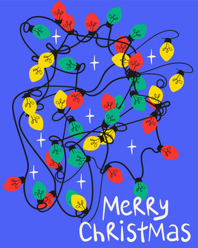 Merry Christmas greeting card with tangled Christmas lights. Doodle colorful garland decoration symbol. Vector isolated pattern.