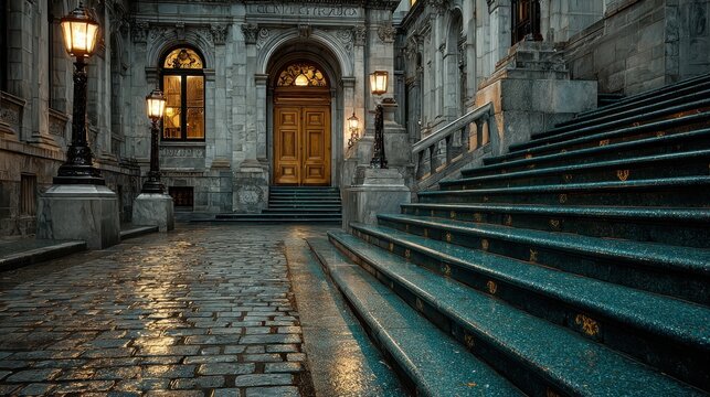 Polished granite steps leading to the entrance of a historic City Hall, with symmetrical architecture and manicured trees in the early evening